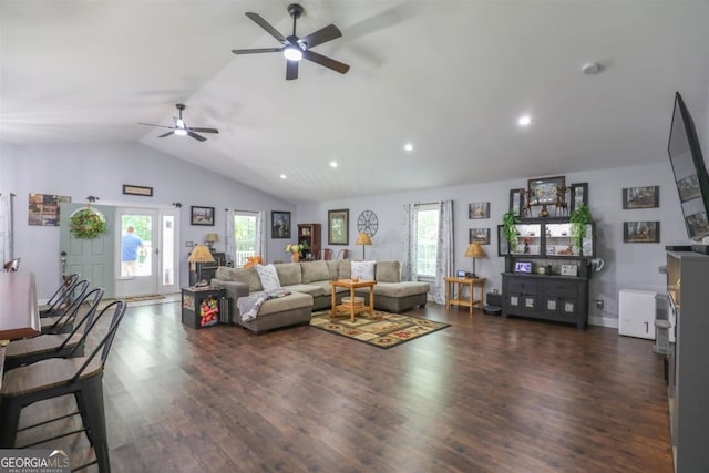287 Napier Dr, Eatonton, GA 31024 - living room featuring lofted ceiling, ceiling fan, healthy amount of natural light, dark wood-type flooring, and recessed lighting