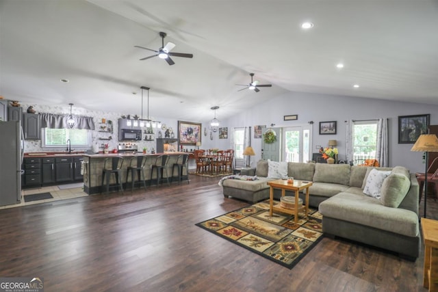 287 Napier Dr, Eatonton, GA 31024 - living room with ceiling fan, lofted ceiling, wood finished floors, and recessed lighting