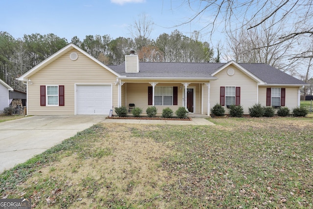 130 Nicki Ct, Hampton, GA 30228 - ranch-style home with a porch, a chimney, driveway, an attached garage, and a front yard