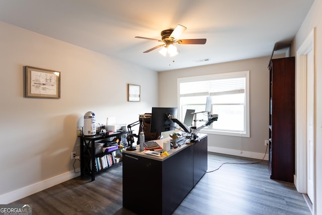 632 Creekside Trce, Covington, GA 30014 - office area featuring ceiling fan, dark wood-type flooring, and baseboards