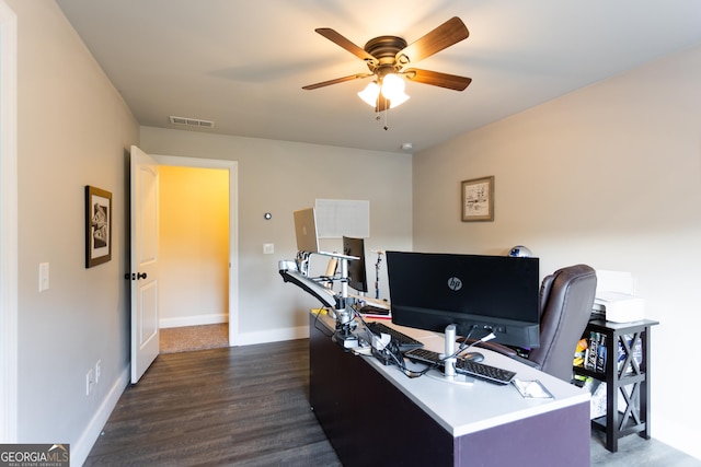 632 Creekside Trce, Covington, GA 30014 - office area with a ceiling fan, dark wood-type flooring, and baseboards