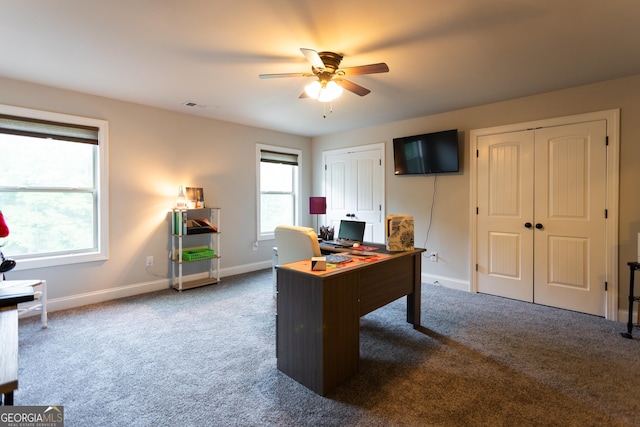 632 Creekside Trce, Covington, GA 30014 - carpeted home office featuring a ceiling fan and baseboards