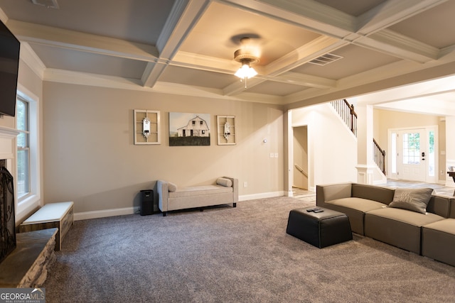 632 Creekside Trce, Covington, GA 30014 - living area featuring ceiling fan, stairs, carpet, coffered ceiling, and beamed ceiling