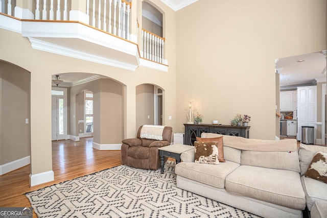 395 Grove Ridge Dr, Loganville, GA 30052 - living area with ornamental molding, arched walkways, light wood-style floors, a high ceiling, and baseboards