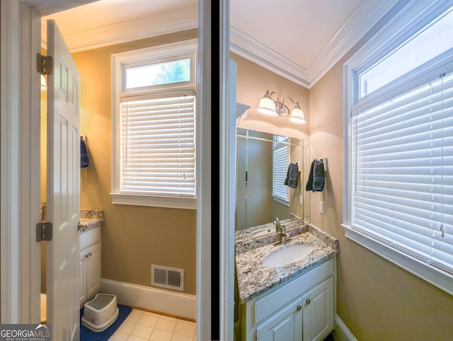 395 Grove Ridge Dr, Loganville, GA 30052 - bathroom featuring vanity, ornamental molding, tile patterned flooring, and plenty of natural light
