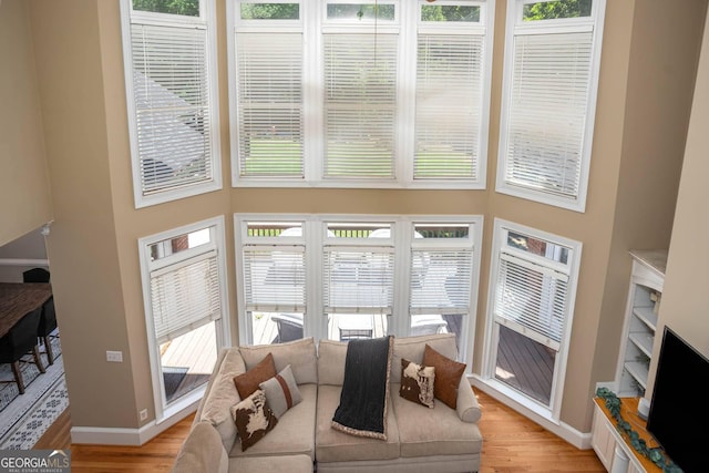 395 Grove Ridge Dr, Loganville, GA 30052 - living room with light wood-style flooring, baseboards, and a towering ceiling