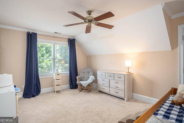 395 Grove Ridge Dr, Loganville, GA 30052 - bedroom with baseboards, vaulted ceiling, carpet flooring, ceiling fan, and crown molding