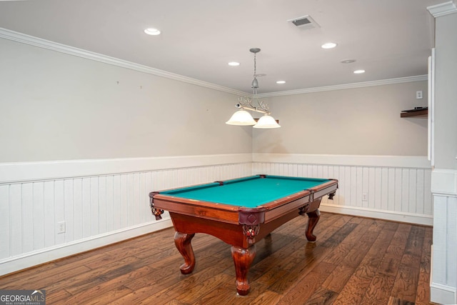 395 Grove Ridge Dr, Loganville, GA 30052 - game room with wainscoting, hardwood / wood-style floors, ornamental molding, recessed lighting, and pool table