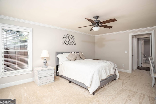 395 Grove Ridge Dr, Loganville, GA 30052 - bedroom featuring light colored carpet, crown molding, and a ceiling fan