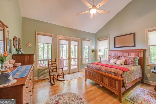 1289 Rainwater Trl, Tiger, GA 30576 - bedroom with access to outside, multiple windows, light wood-type flooring, high vaulted ceiling, and baseboards