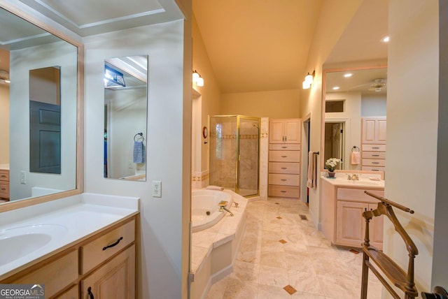 1289 Rainwater Trl, Tiger, GA 30576 - full bathroom with a stall shower, two vanities, a garden tub, and recessed lighting