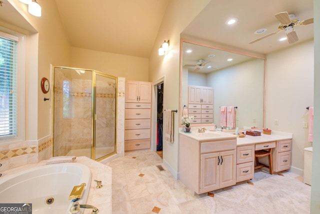 1289 Rainwater Trl, Tiger, GA 30576 - bathroom with ceiling fan, a stall shower, vanity, a tub with jets, and recessed lighting