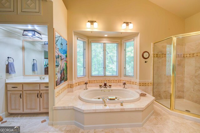 1289 Rainwater Trl, Tiger, GA 30576 - full bathroom featuring a tub with jets, a shower stall, and vanity
