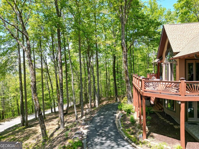 1289 Rainwater Trl, Tiger, GA 30576 - view of yard featuring a wooden deck and a view of trees