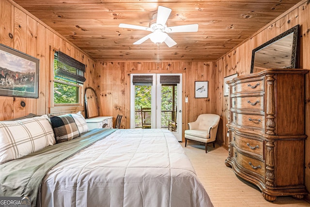 74 Charity Ln, Clayton, GA 30525 - bedroom featuring wood ceiling, multiple windows, wood walls, access to outside, and light wood-style floors