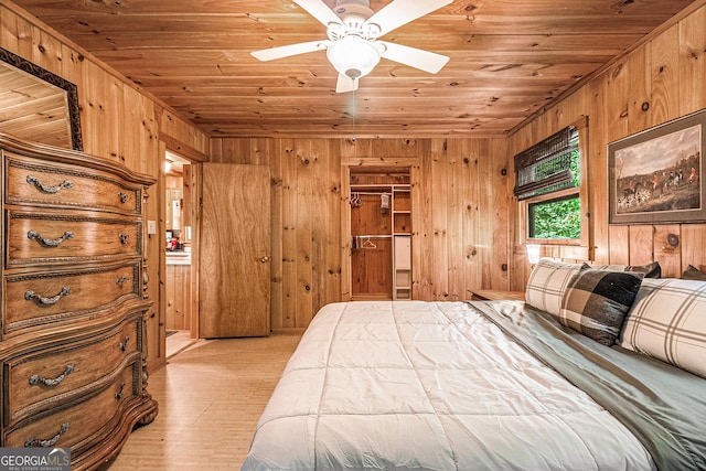74 Charity Ln, Clayton, GA 30525 - bedroom featuring wooden ceiling, wooden walls, light wood-style flooring, and a ceiling fan
