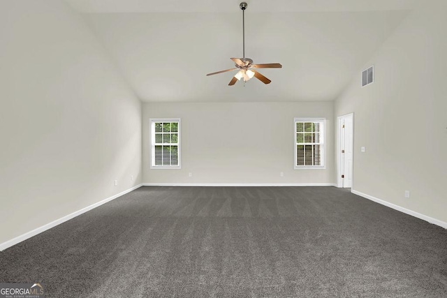 6341 Stewart Ridge Walk, Buford, GA 30518 - spare room featuring vaulted ceiling, a ceiling fan, baseboards, and dark carpet