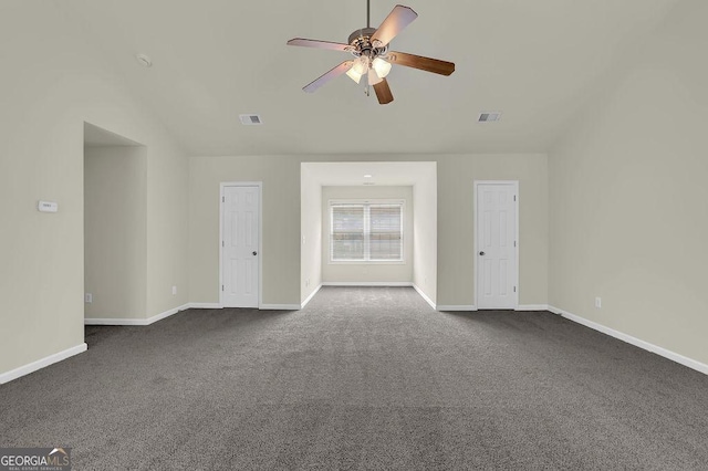 6341 Stewart Ridge Walk, Buford, GA 30518 - unfurnished living room with dark carpet, ceiling fan, baseboards, and lofted ceiling