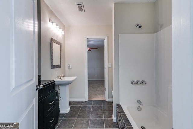 103 Depot St, Buchanan, GA 30113 - bathroom featuring baseboards, tile patterned flooring, and a ceiling fan