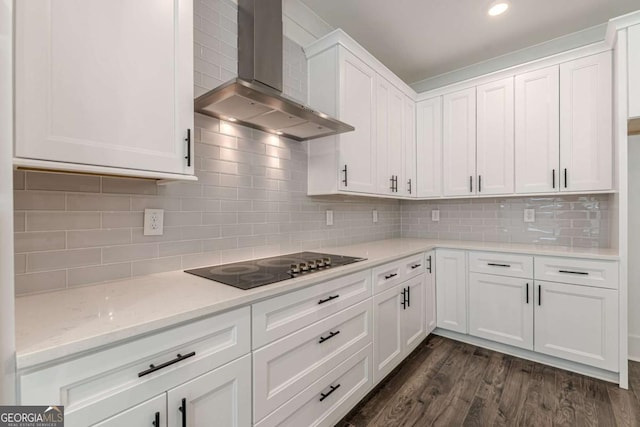 4075 O Henry Ct, Mcdonough, GA 30252 - kitchen with wall chimney exhaust hood, black electric stovetop, white cabinets, decorative backsplash, and recessed lighting