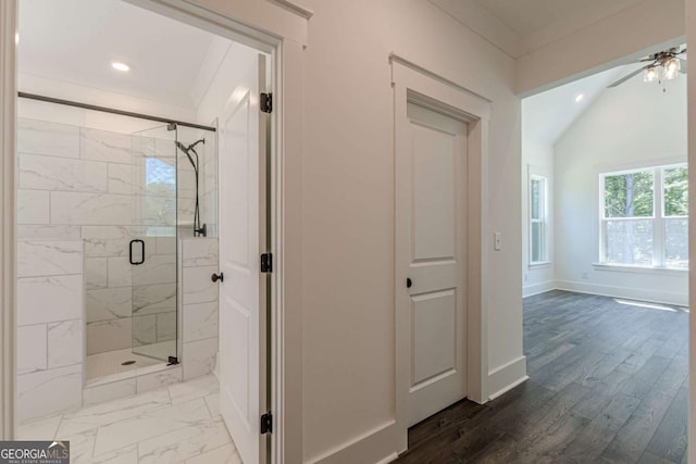 4075 O Henry Ct, Mcdonough, GA 30252 - bathroom featuring a marble finish shower, ceiling fan, recessed lighting, and lofted ceiling