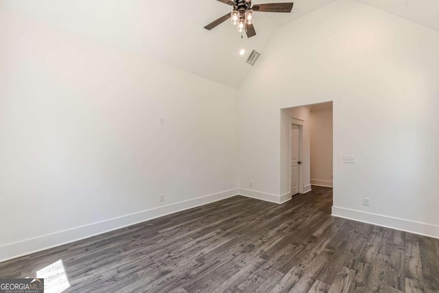 4075 O Henry Ct, Mcdonough, GA 30252 - empty room featuring a ceiling fan, high vaulted ceiling, and dark wood-type flooring
