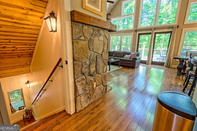 177 Whitetail Trl, Clayton, GA 30525 - stairs with hardwood / wood-style flooring and high vaulted ceiling
