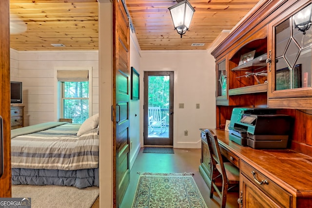 177 Whitetail Trl, Clayton, GA 30525 - doorway with concrete floors, baseboards, wooden ceiling, an office area, and wood walls