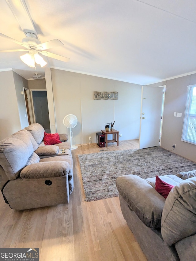 1096 Tesnatee Gap Valley Rd, Cleveland, GA 30528 - living room with wood finished floors, ornamental molding, and ceiling fan