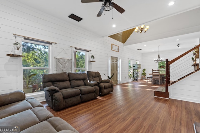 7170 Church St, Bartow, GA 30413 - living area with a chandelier, wood finished floors, recessed lighting, a ceiling fan, and wooden walls