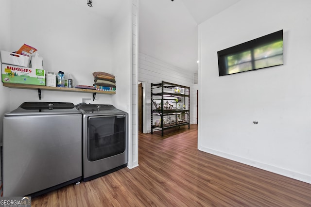 7170 Church St, Bartow, GA 30413 - laundry area featuring washer and dryer, wood finished floors, and baseboards