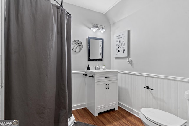 7170 Church St, Bartow, GA 30413 - full bathroom featuring wood finished floors, a wainscoted wall, curtained shower, vanity, and toilet