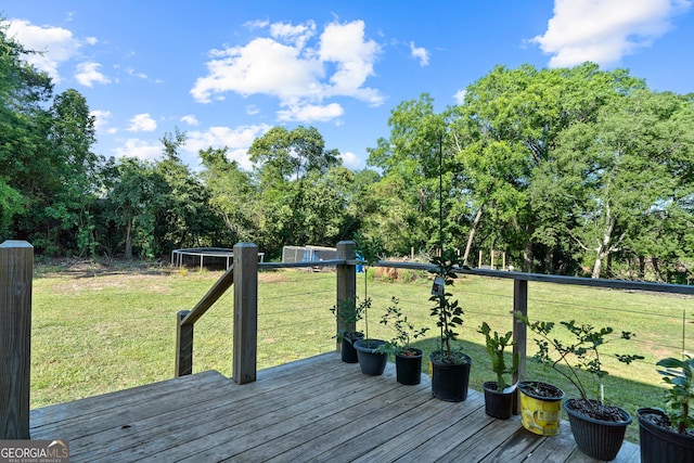 7170 Church St, Bartow, GA 30413 - wooden terrace with a trampoline and a lawn