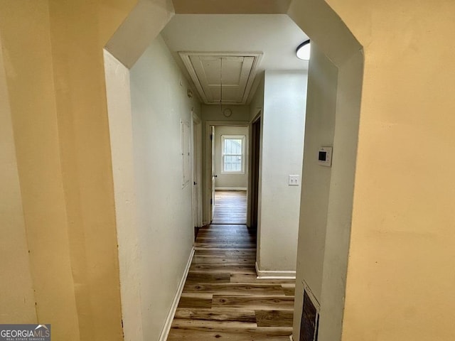 1681 Stanton Rd SW, Atlanta, GA 30311 - hallway featuring attic access, wood finished floors, and baseboards