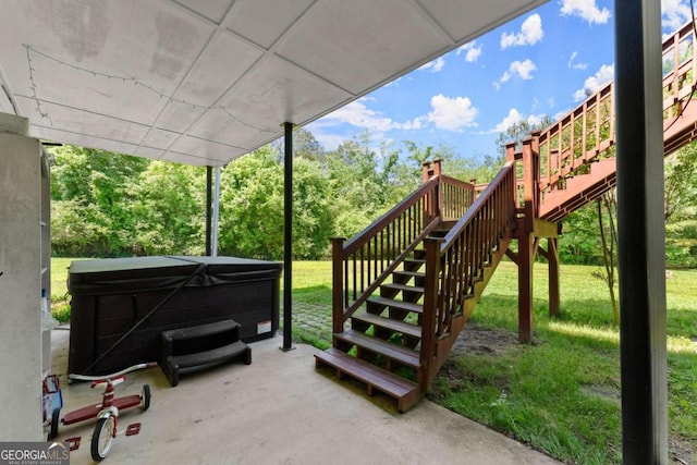 1617 Edwards Mill Rd, Ball Ground, GA 30107 - view of patio / terrace featuring a hot tub and stairway