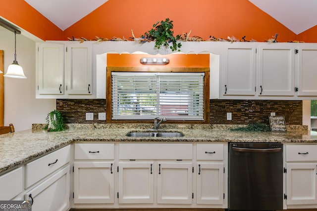 894 Lake Circle Rd, Buchanan, GA 30113 - kitchen featuring dishwasher, a sink, lofted ceiling, and white cabinetry