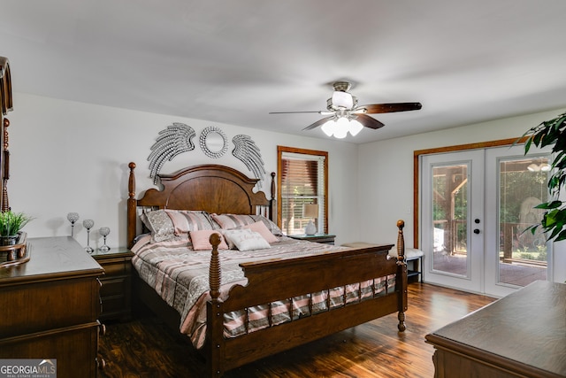 894 Lake Circle Rd, Buchanan, GA 30113 - bedroom with access to outside, french doors, dark wood-style floors, and ceiling fan