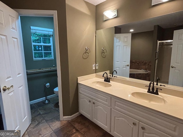 161 Cedar Cove Dr, Buckhead, GA 30625 - bathroom featuring a garden tub, toilet, a shower stall, baseboards, and double vanity