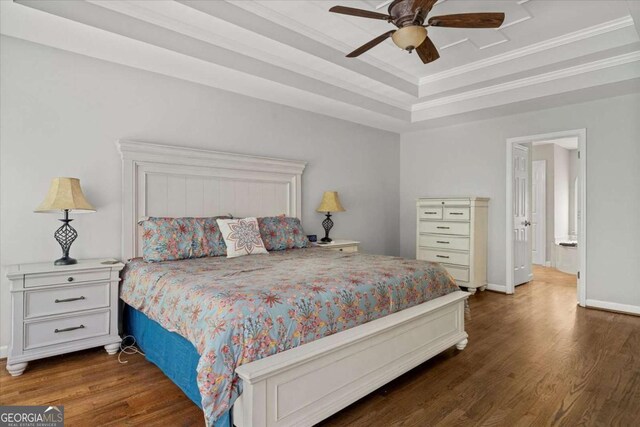 4381 Laurian Dr NW, Kennesaw, GA 30144 - bedroom featuring wood finished floors, a raised ceiling, ornamental molding, and ceiling fan