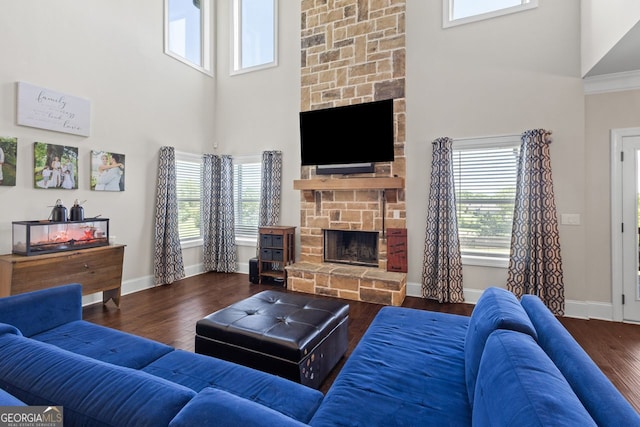 1858 Switchgrass Dr, Statham, GA 30666 - living room featuring a towering ceiling, a fireplace, wood finished floors, healthy amount of natural light, and baseboards