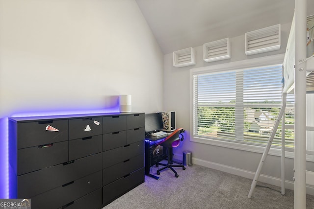 1858 Switchgrass Dr, Statham, GA 30666 - office area with carpet floors, vaulted ceiling, and baseboards
