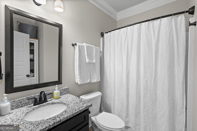 1858 Switchgrass Dr, Statham, GA 30666 - bathroom with ornamental molding, vanity, toilet, and a shower with shower curtain