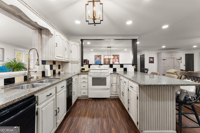 231 Doug Allison Hts, Cleveland, GA 30528 - kitchen featuring white electric stove, a chandelier, black dishwasher, a peninsula, and a sink