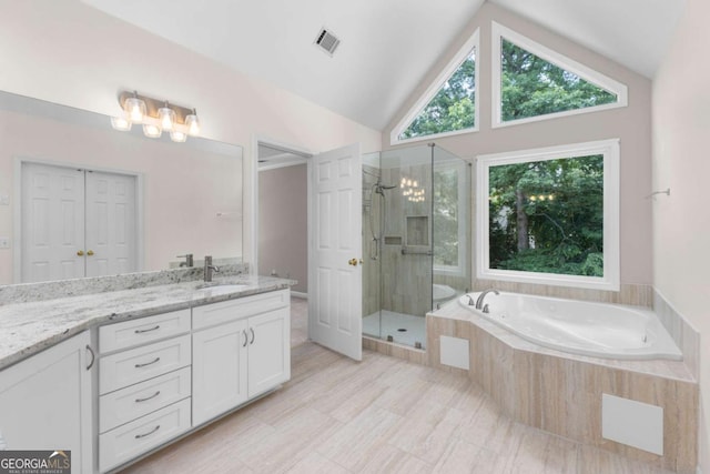 85 Arabian Ave, Alpharetta, GA 30004 - full bath with vanity, a garden tub, a shower stall, and vaulted ceiling