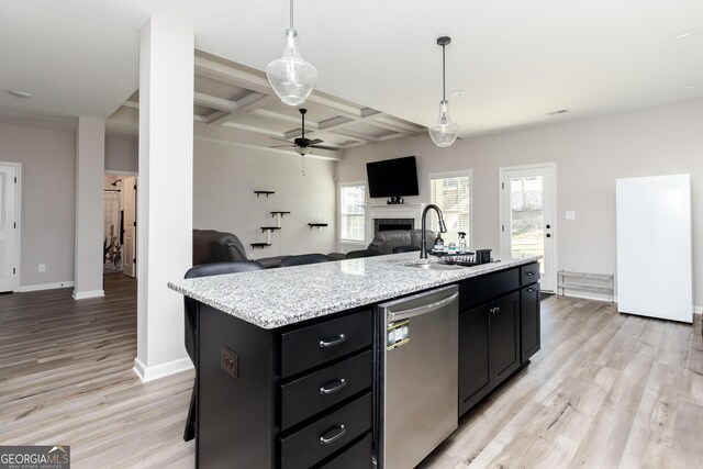 646 Mccarley Downs Dr, Bonaire, GA 31005 - kitchen featuring dishwasher, a sink, a fireplace, dark cabinets, and coffered ceiling