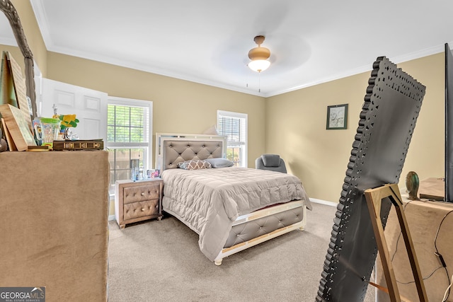 827 Fraser St SE, Atlanta, GA 30315 - carpeted bedroom featuring ornamental molding, ceiling fan, and baseboards