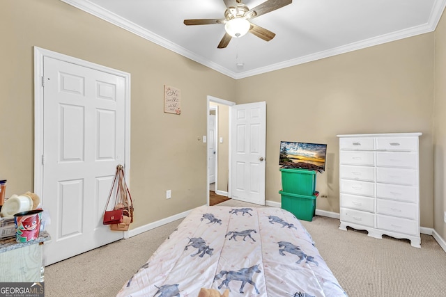 827 Fraser St SE, Atlanta, GA 30315 - bedroom with light carpet, ornamental molding, baseboards, and ceiling fan