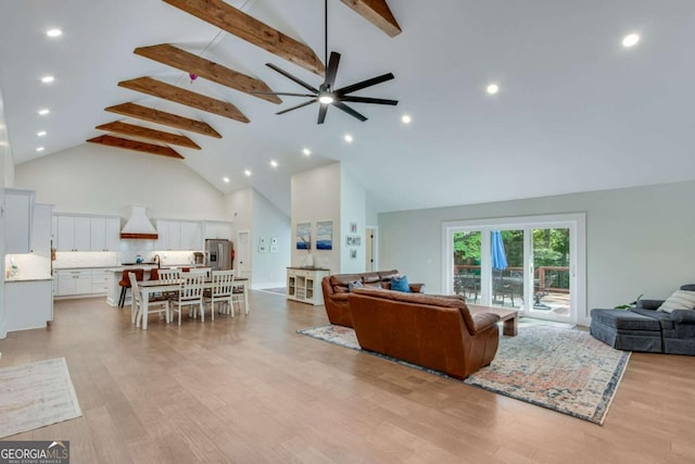 1685 Valley Rd NE, Gainesville, GA 30501 - living area featuring high vaulted ceiling, a ceiling fan, beamed ceiling, light wood-style flooring, and recessed lighting