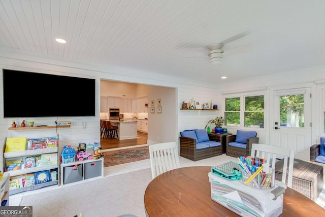 1685 Valley Rd NE, Gainesville, GA 30501 - dining room featuring a ceiling fan, recessed lighting, and wooden ceiling