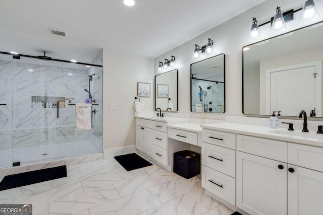 1685 Valley Rd NE, Gainesville, GA 30501 - bathroom featuring a marble finish shower, vanity, marble finish floors, recessed lighting, and baseboards
